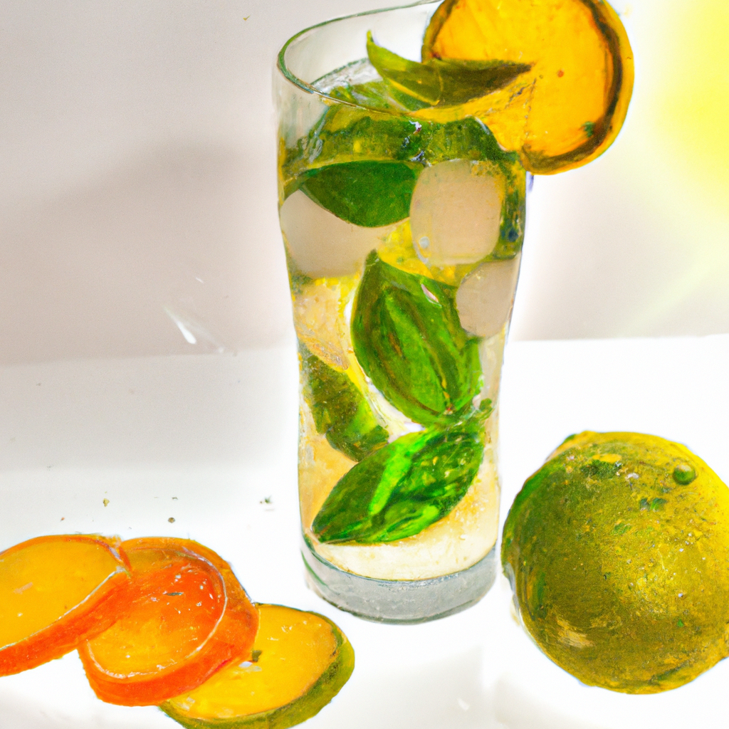 Shing glass filled with sparkling citrus basil spritzer, garnished with fresh basil leaves, slices of lemon, lime, and orange, with ice cubes and a subtle condensation on the glass, set against a bright, summery backdrop