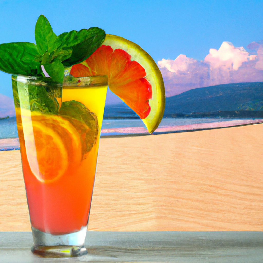 Nt glass filled with a gradient of orange and pink citrus juices, garnished with a slice of orange and a sprig of mint, set against a backdrop of a sunlit tropical beach