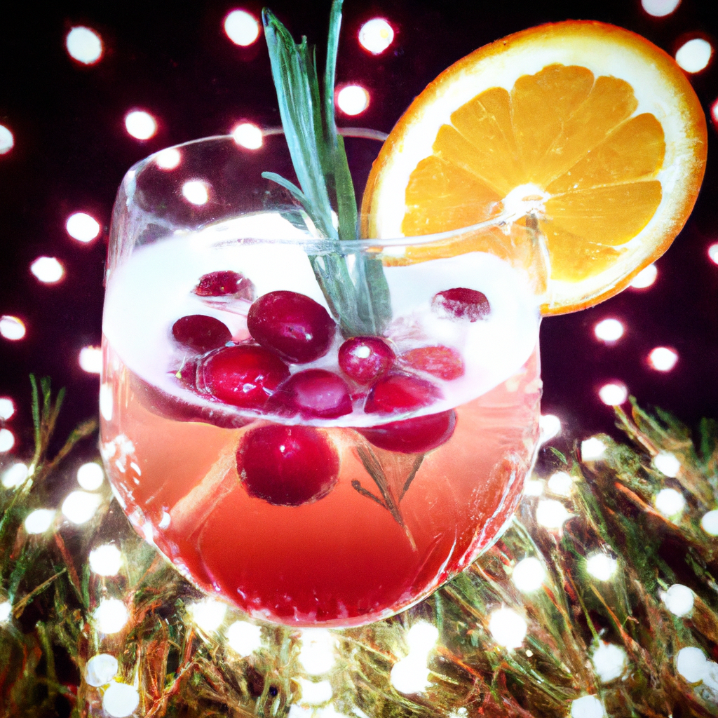 Nt, festive drink in a crystal glass, garnished with fresh cranberries and a slice of orange, set against a holiday-themed background with twinkling fairy lights, sprigs of rosemary, and a hint of sparkling bubbles