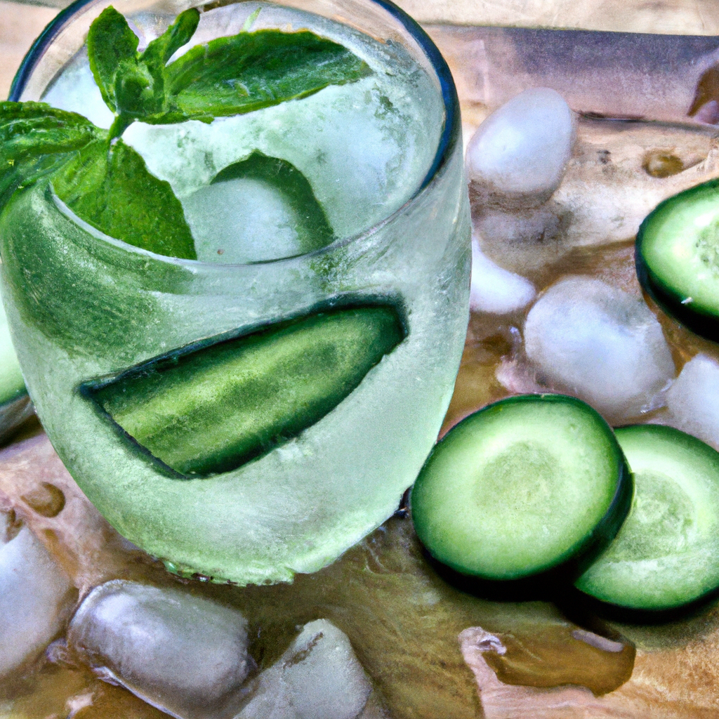 Shing glass of Cucumber Mint Cooler, filled with vibrant green cucumber slices and fresh mint leaves, sits on a rustic wooden table, surrounded by ice cubes and droplets of condensation, under soft sunlight