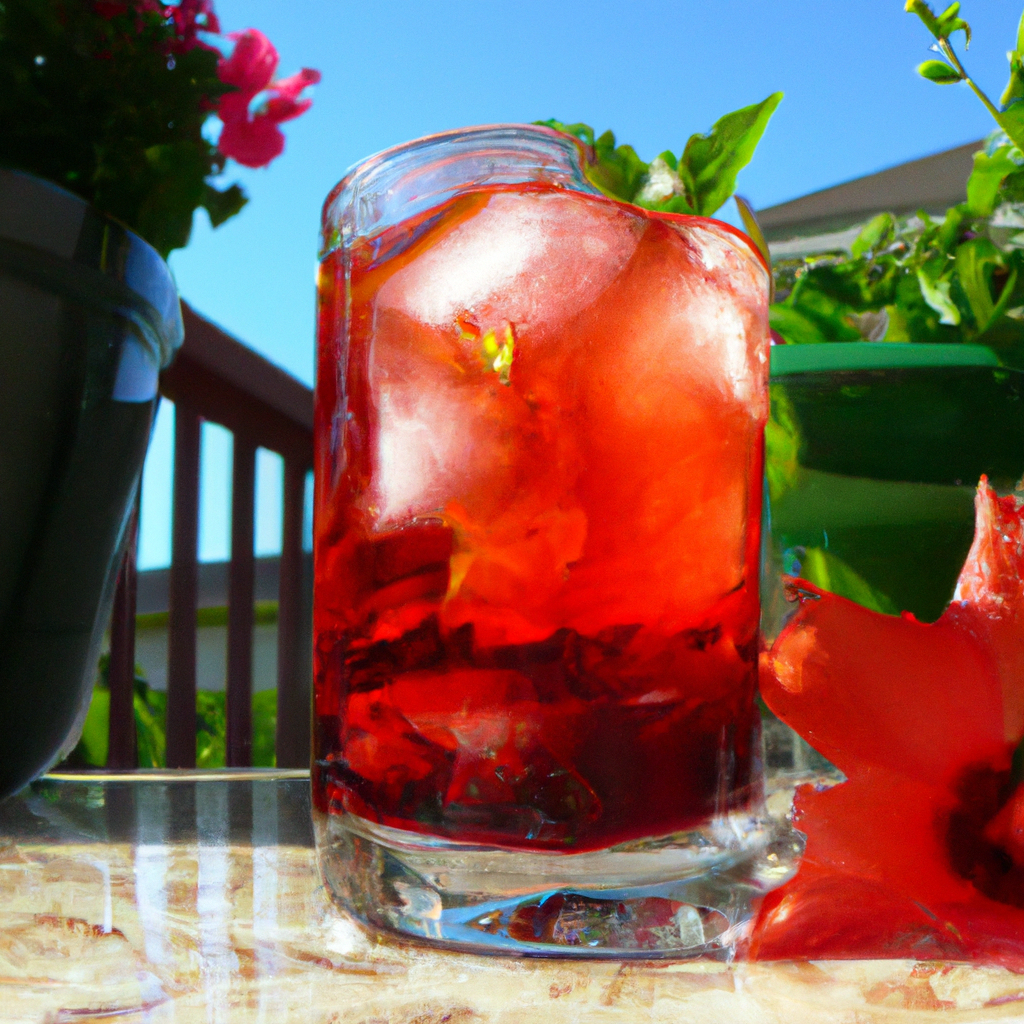 Glass of vibrant red hibiscus iced tea with ice cubes, garnished with a lemon slice and a sprig of mint, set against a sunny patio backdrop with blooming hibiscus flowers