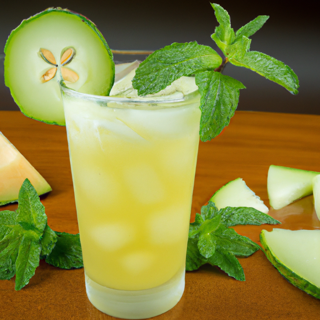 Shing summer drink with a frosty glass filled with a vibrant green honeydew cucumber cooler, garnished with cucumber slices and a sprig of mint, surrounded by fresh honeydew melon and cucumber slices