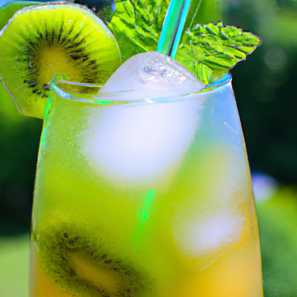 Nt kiwi honeydew refresher in a tall glass, filled with ice cubes, garnished with fresh kiwi and honeydew slices, with mint leaves and a colorful straw, set against a sunny outdoor background