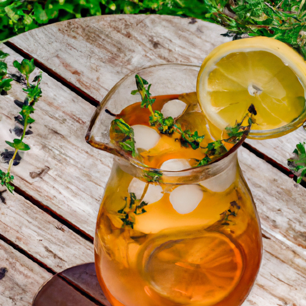 Shing glass pitcher filled with golden lemon thyme iced tea, garnished with vibrant lemon slices, fresh thyme sprigs, and ice cubes, set on a rustic wooden table surrounded by lush green herbs and sunlight