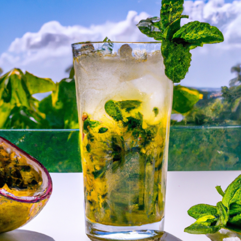 Nt, refreshing mojito with swirling layers of mango and passionfruit, garnished with fresh mint leaves, lime wedges, and ice cubes, in a tall glass with a sunlit tropical background