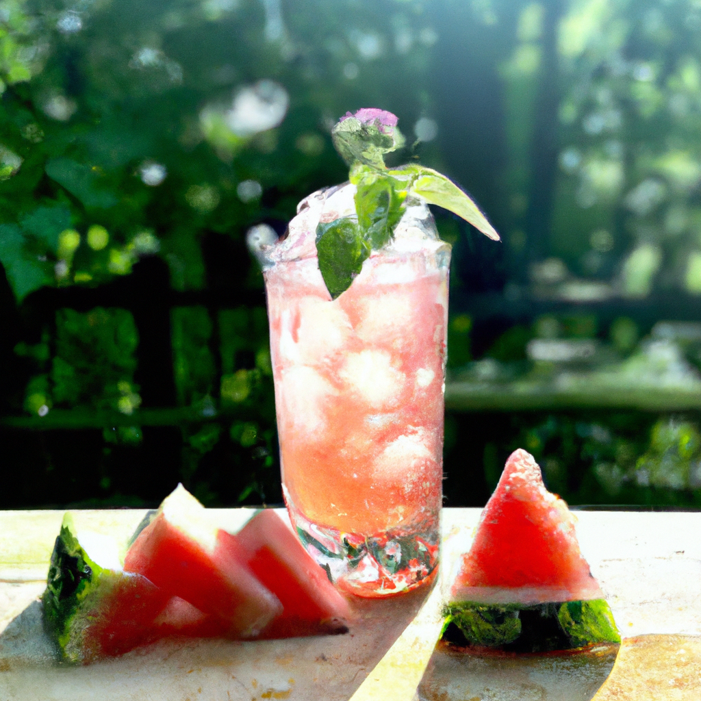 Shing scene with a glass of watermelon mint julep, garnished with fresh mint leaves, watermelon slices, and crushed ice, set on a wooden table with a sunlit background of green foliage