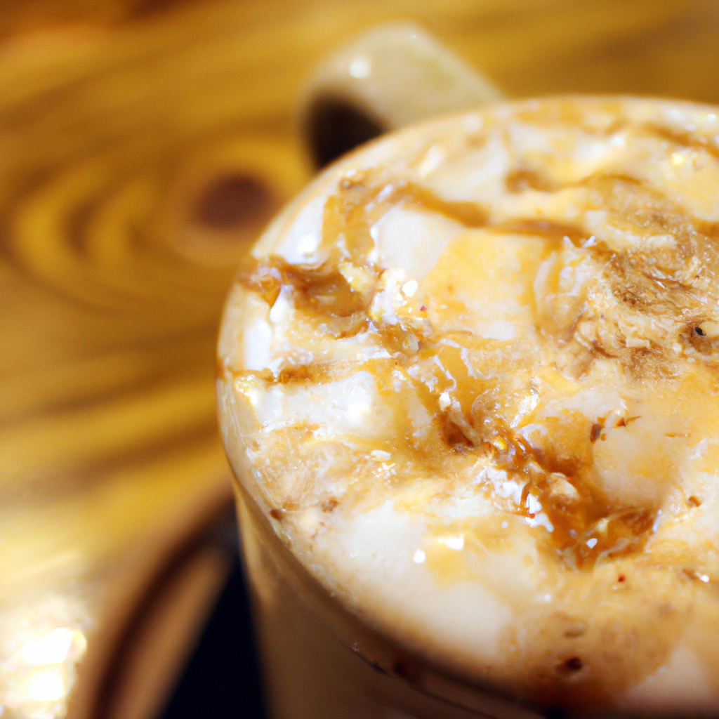 Ing brown sugar latte in a ceramic mug, with swirls of caramel-colored foam, surrounded by brown sugar crystals, cinnamon sticks, and a cozy coffee shop ambiance with warm wooden tones and soft lighting