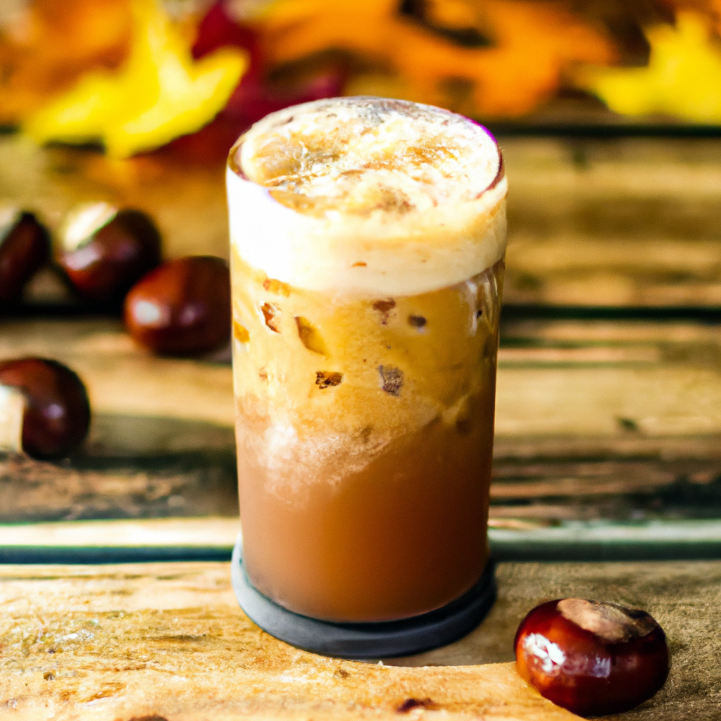 of cold brew coffee topped with a swirl of creamy chestnut praline foam, sprinkled with crushed praline nuts, set against a wooden table with a cozy autumn backdrop of scattered chestnuts and fall leaves