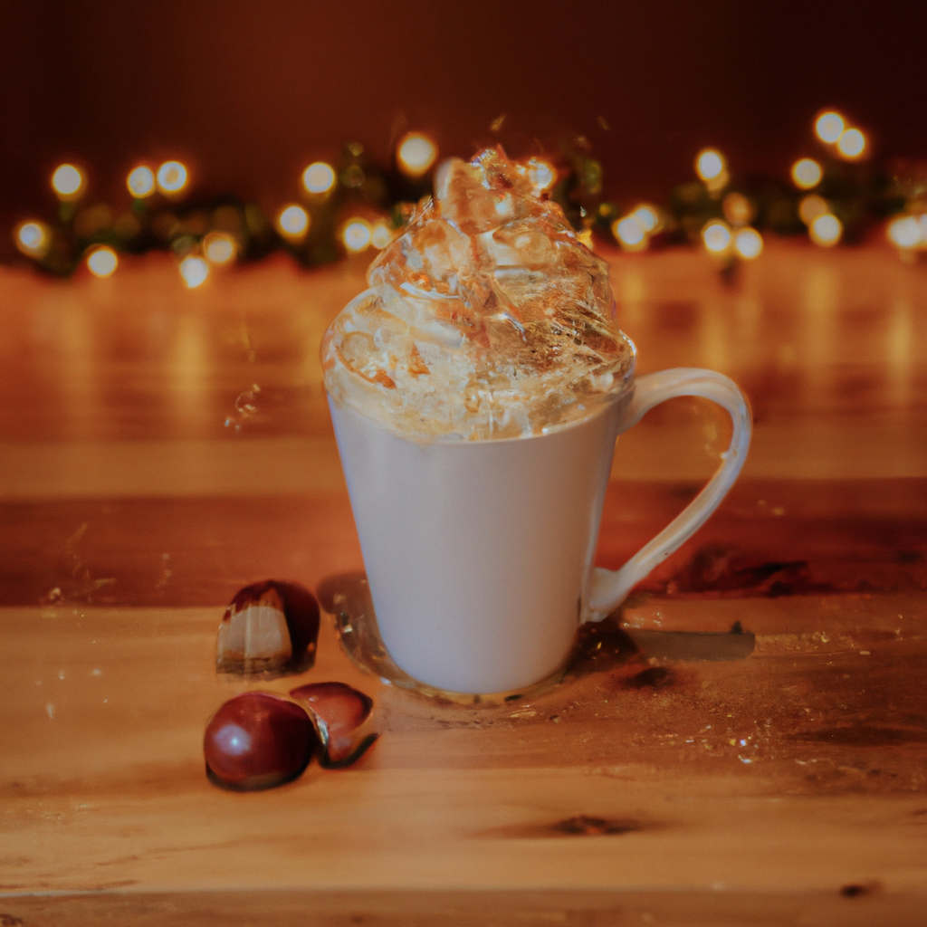 steaming Chestnut Praline Latte in a holiday-themed mug, topped with whipped cream and caramel drizzle, surrounded by scattered chestnuts, cinnamon sticks, and twinkling fairy lights on a rustic wooden table