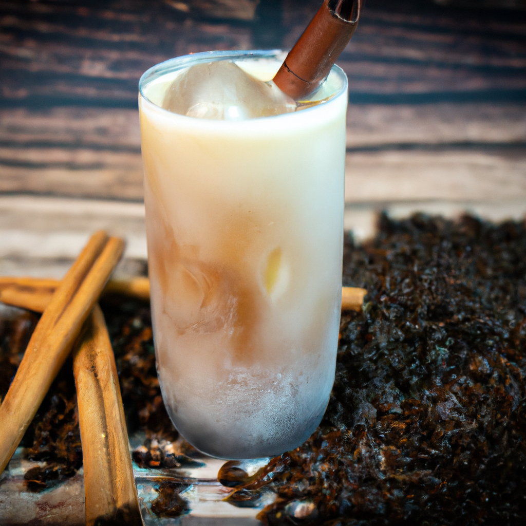 Y glass of cold brew topped with a creamy cinnamon swirl, garnished with a cinnamon stick and sprinkled with cinnamon spice; set on a rustic wooden table with coffee beans and cinnamon sticks scattered around