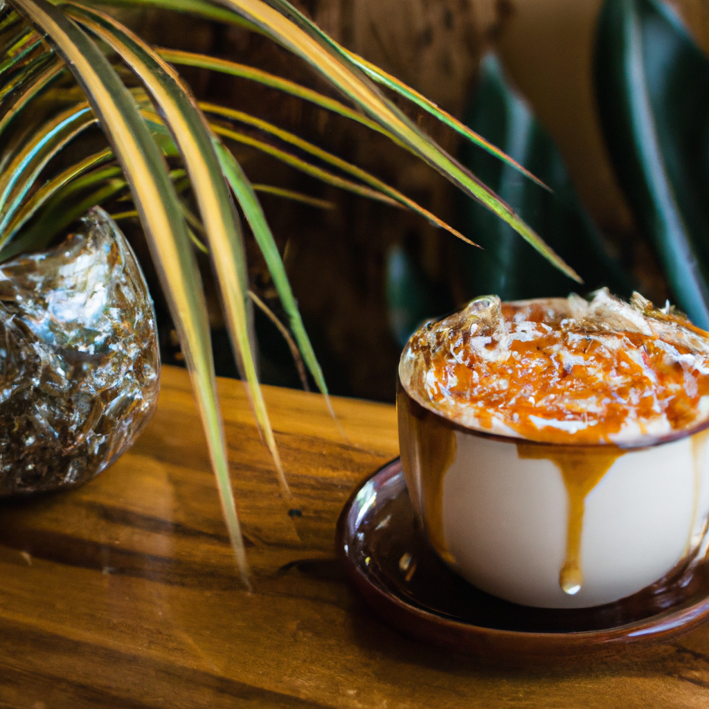 Ing coconut caramel latte in a rustic ceramic mug, topped with frothy milk, caramel drizzle, and toasted coconut flakes, set on a wooden table with a background of tropical leaves and a cozy café ambiance