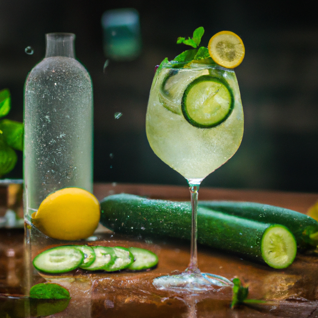 Shing cocktail scene with a glass of Cucumber Gin Fizz, garnished with cucumber slices, mint leaves, and a lemon twist, set on a rustic wooden table with a background of fresh cucumbers and a gin bottle