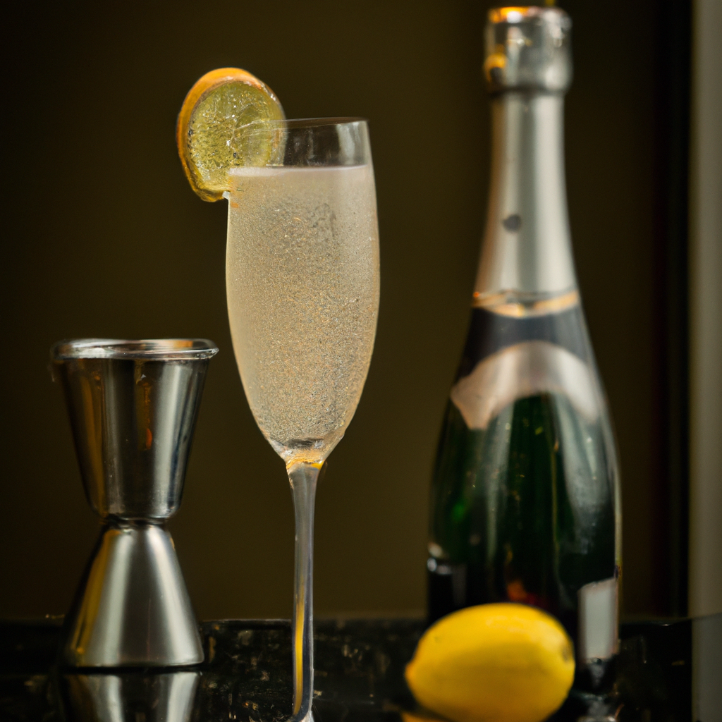 Ling French 75 cocktail in a tall, elegant champagne flute, garnished with a lemon twist, set against a sophisticated bar backdrop with fresh lemons, a bottle of gin, and a shaker in the background