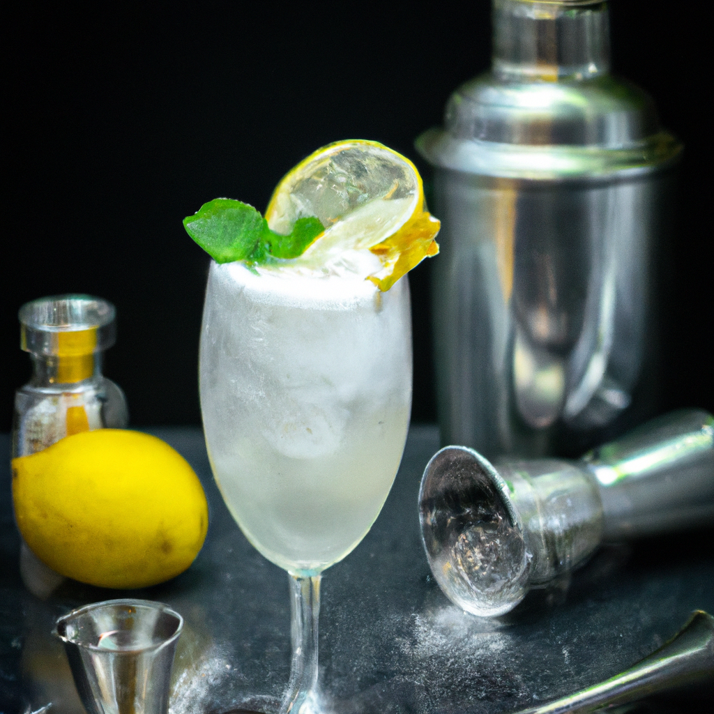 Nt, refreshing Gin Fizz cocktail in a highball glass, with frothy egg white foam on top, garnished with a lemon twist and mint leaves, surrounded by fresh lemons, a shaker, and ice cubes