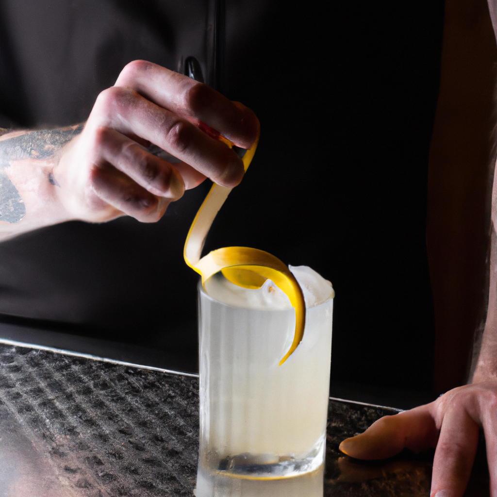 Sh cocktail bar setting with a bartender mixing a gin sour, featuring a crystal-clear glass with frothy top, lemon twist garnish, fresh lemons, a shaker, and a chic bottle of gin on the counter