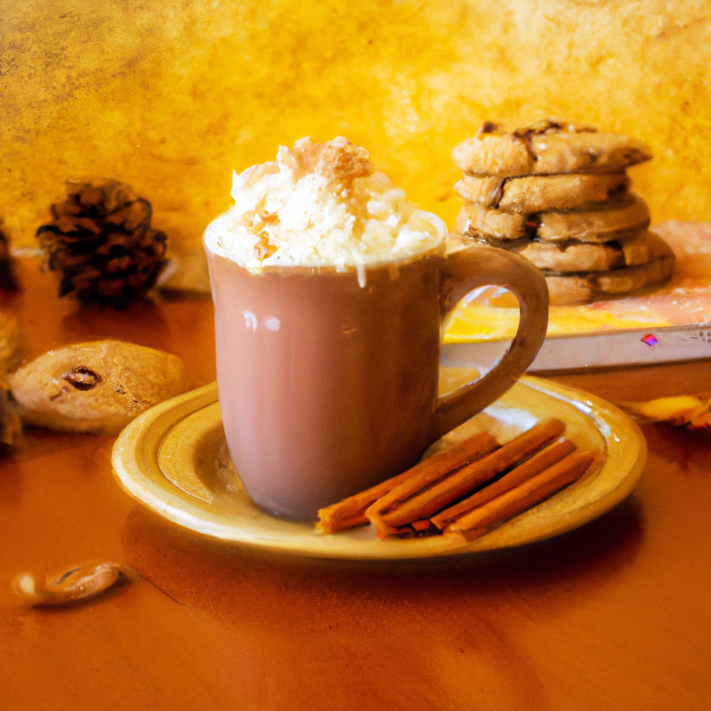 Ing ginger snap latte in a rustic, ceramic mug, topped with whipped cream and a sprinkle of cinnamon, surrounded by ginger snap cookies, cinnamon sticks, and a cozy autumn backdrop with warm, golden hues