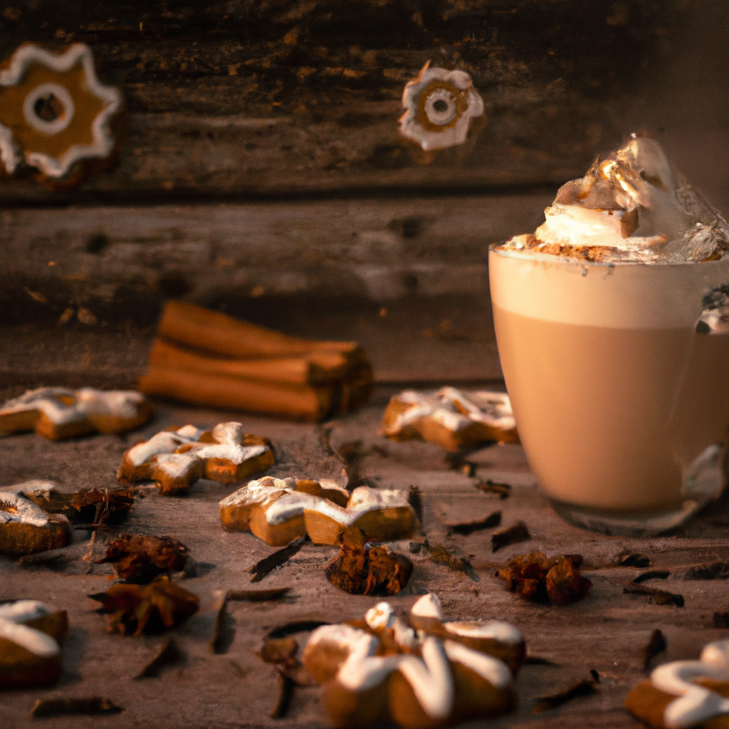 Mug of steaming gingerbread chai tea latte, topped with a swirl of whipped cream and a dusting of cinnamon, surrounded by gingerbread cookies, cinnamon sticks, and star anise, with a rustic wooden background