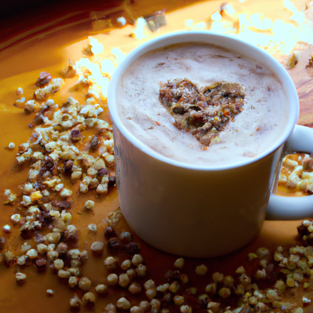 Ing cup of hazelnut mocha with a frothy heart design, surrounded by whole hazelnuts, chocolate shavings, and a cozy wooden table background