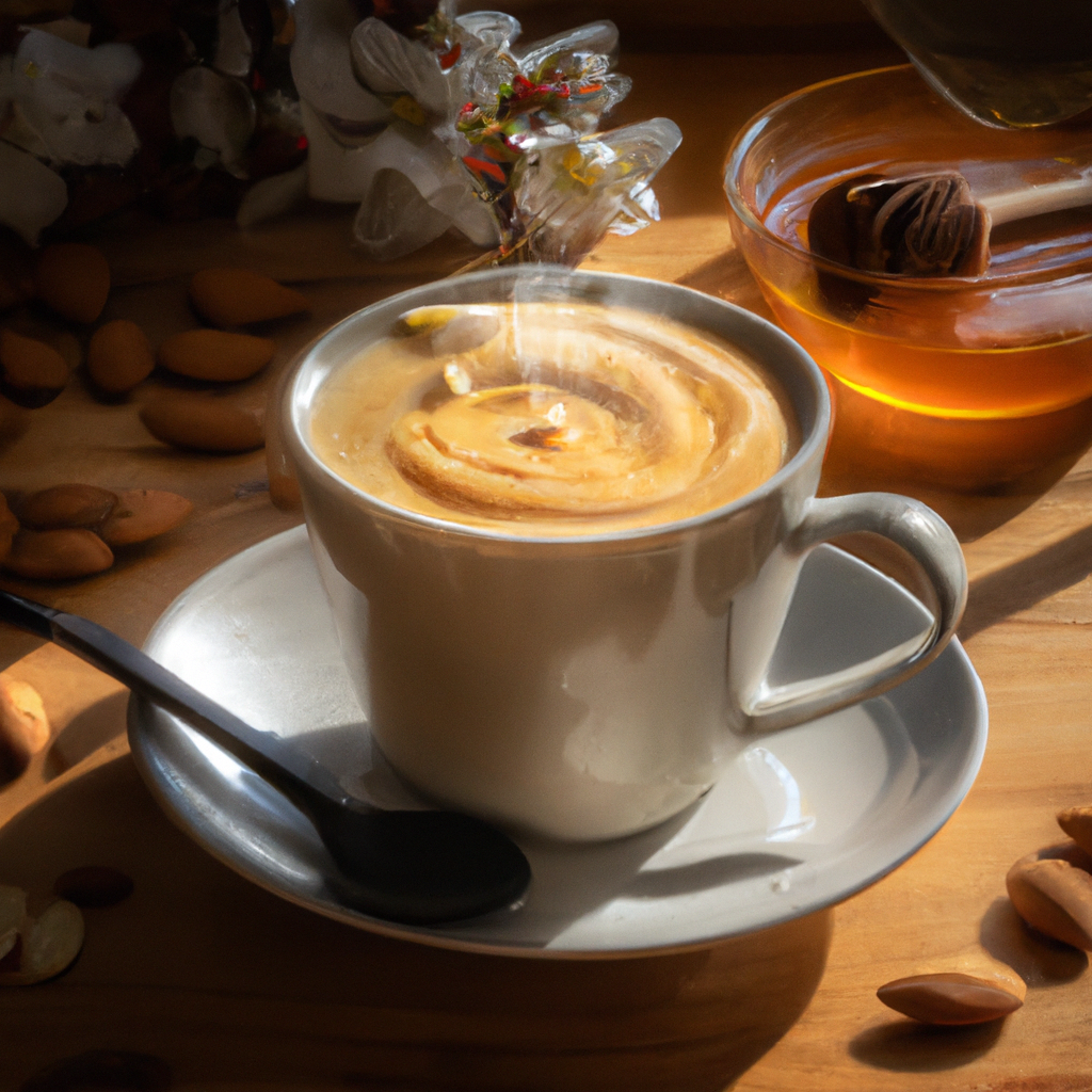 Ing cup of Honey Almondmilk Flat White with creamy swirls, golden honey drizzles, and roasted almonds on a rustic wooden table, surrounded by almond blossoms and a soft morning light filtering through a nearby window