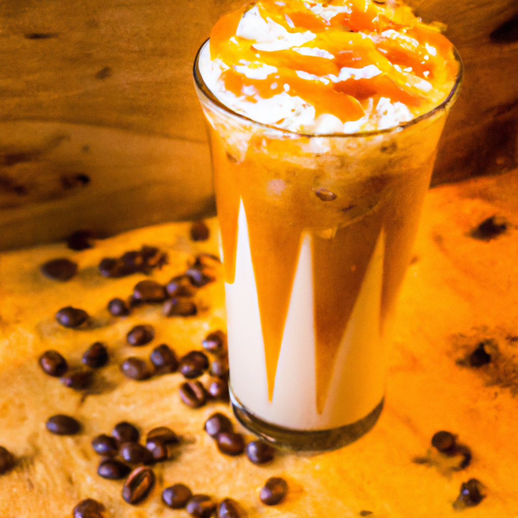 Glass of iced caramel brûlée latte, topped with whipped cream and caramel drizzle, surrounded by caramel shards, coffee beans, and a hint of steam, set on a rustic wooden table