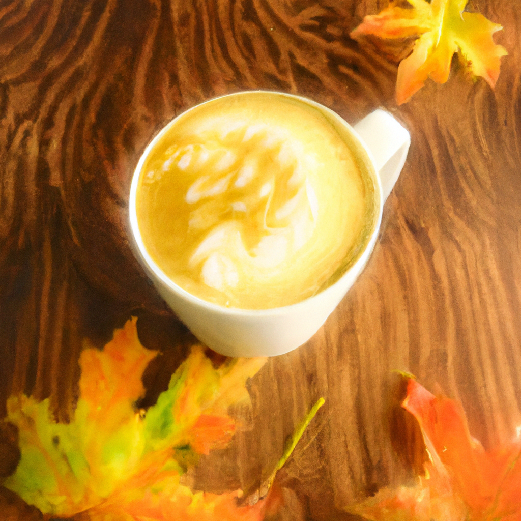 Ing cup of maple oatmilk macchiato with a swirl of frothy oat milk on top, surrounded by vibrant fall leaves, a drizzle of maple syrup, and a rustic wooden table setting