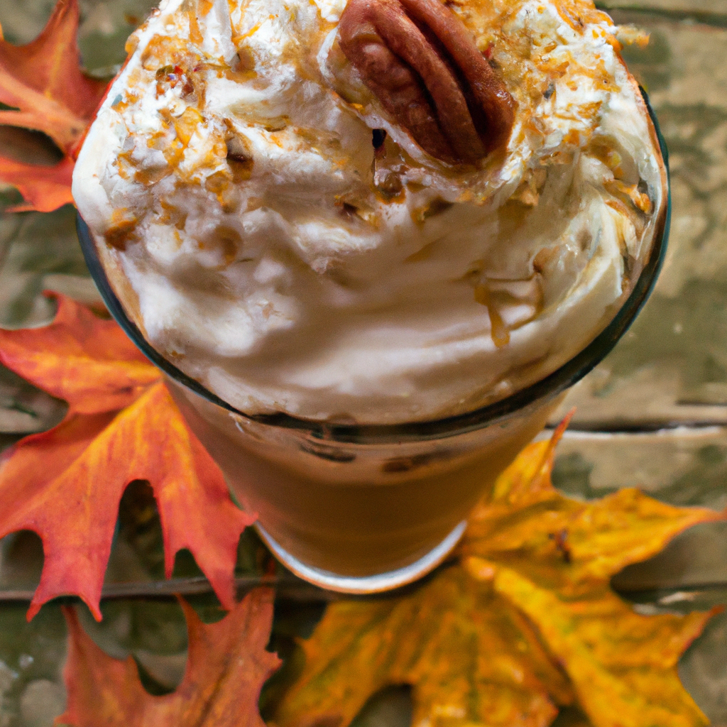 -up of a frosty Maple Pecan Frappuccino topped with whipped cream, drizzled maple syrup, and sprinkled with crushed pecans, all set against a rustic wooden table with autumn leaves in the background