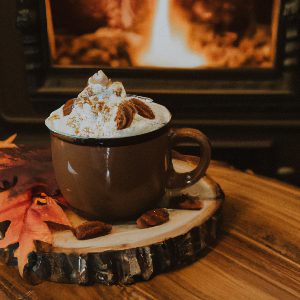 Ing mug of rich hot chocolate topped with whipped cream, drizzled with maple syrup, garnished with toasted pecans, next to a cozy fireplace, surrounded by autumn leaves and a rustic wooden table