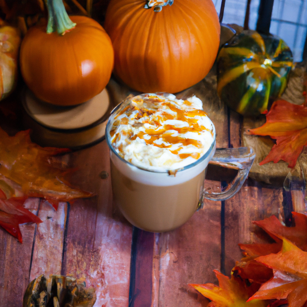 Autumn scene with a steaming Pumpkin Caramel Macchiato in a glass mug, topped with whipped cream and caramel drizzle, surrounded by pumpkins, cinnamon sticks, and fall leaves on a wooden table