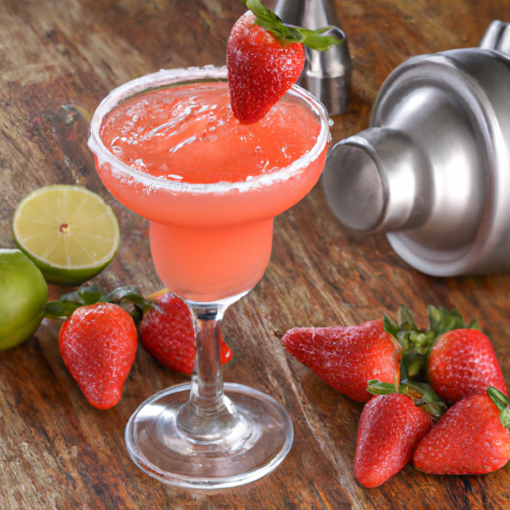 Nt, chilled strawberry margarita in a salt-rimmed glass garnished with a fresh strawberry and lime wedge, sitting on a rustic wooden table surrounded by fresh strawberries, lime slices, and a cocktail shaker