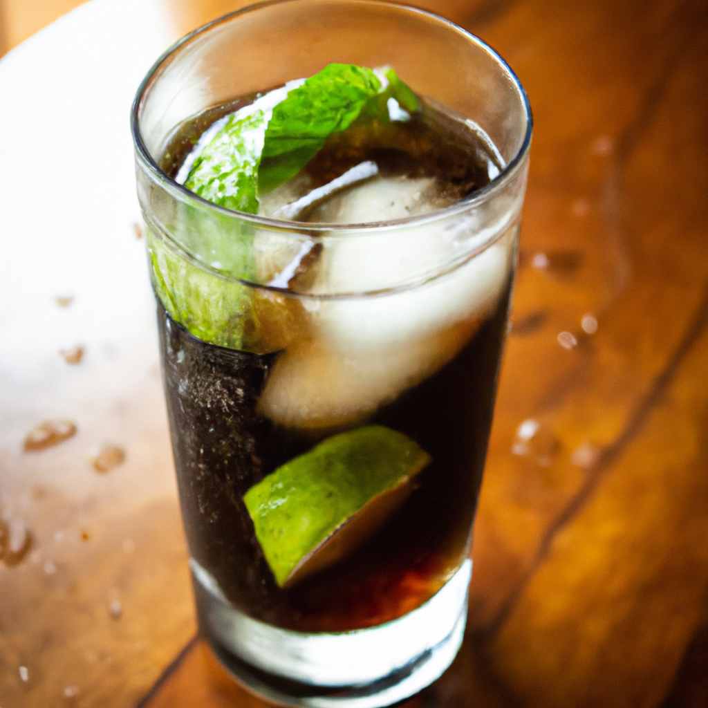 Glass filled with ice, dark cola, and clear vodka, garnished with a slice of lime and fresh mint leaves, with condensation droplets on the glass and a wooden bar background