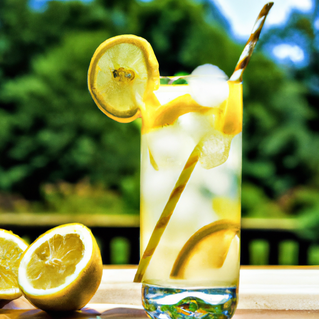 Shing vodka lemonade cocktail in a tall glass with ice cubes, garnished with lemon slices, mint leaves, and a straw, set against a sunny outdoor background with a wooden table and fresh lemons