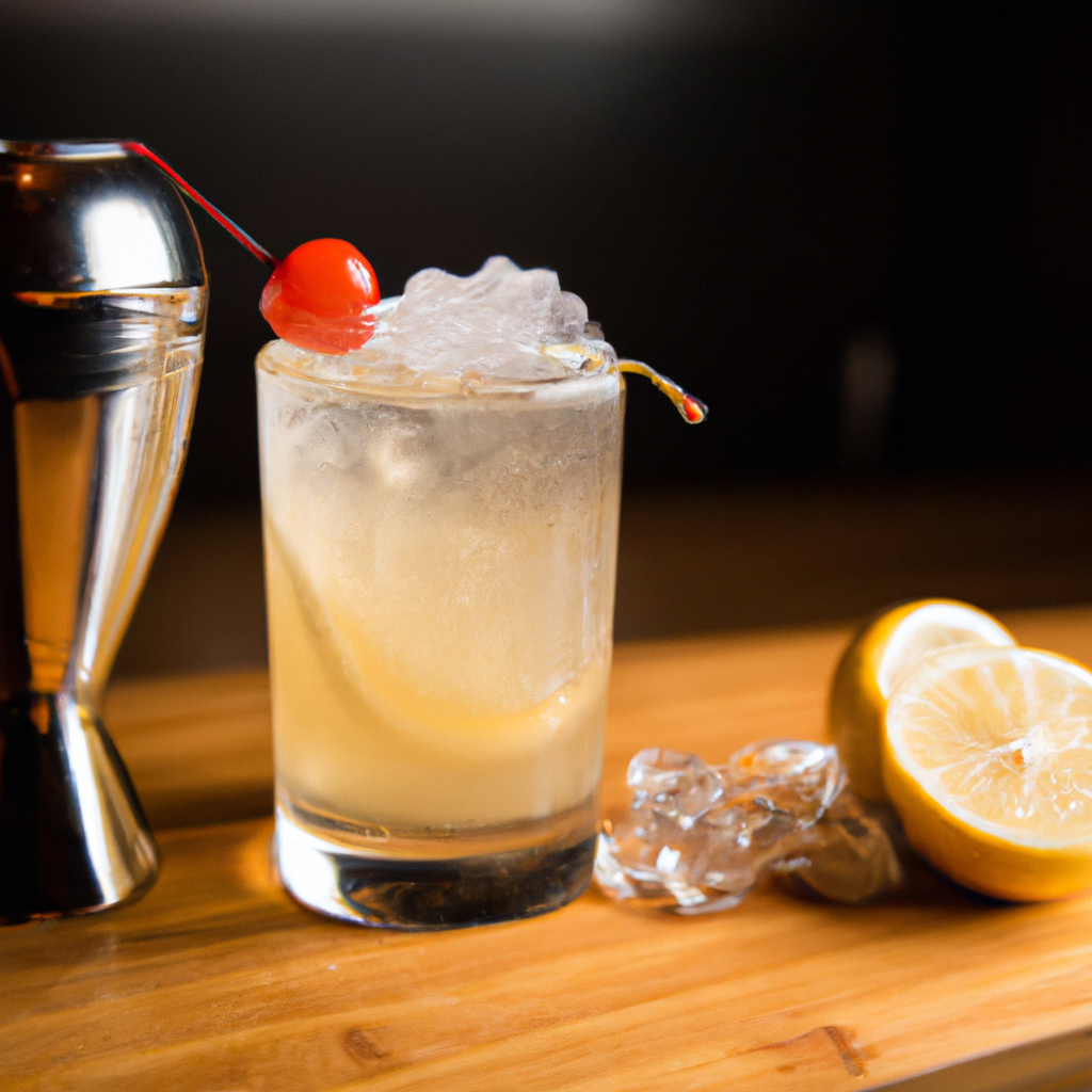 -up of a frosty glass filled with a golden Vodka Sour, garnished with a lemon twist and cherry, surrounded by fresh lemons, a cocktail shaker, and ice cubes on a wooden bar counter