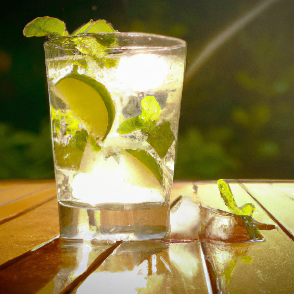 Al-clear glass filled with ice cubes, a splash of vodka, and tonic water, garnished with a lime wedge and fresh mint leaves, sitting on a wooden table with a background of a sunlit garden